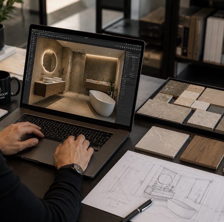 Ontwerper werkt aan een 3D badkamerontwerp op een laptop met tegelstalen en schetsen op tafel