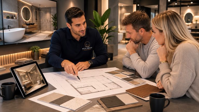 Badkameradviseur van Mijn Droom Badkamer bespreekt de plattegrond en materiaalstalen met klanten in de showroom