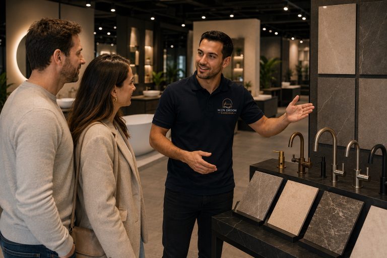 Adviseur van Mijn Droom Badkamer toont kranen en tegelstalen aan een stel in de showroom