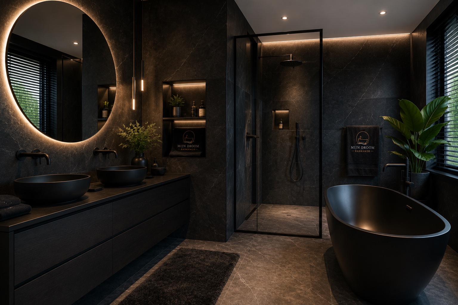 Donkere luxe badkamer met marmerlook tegels, zwart vrijstaand bad en verlichte nissen