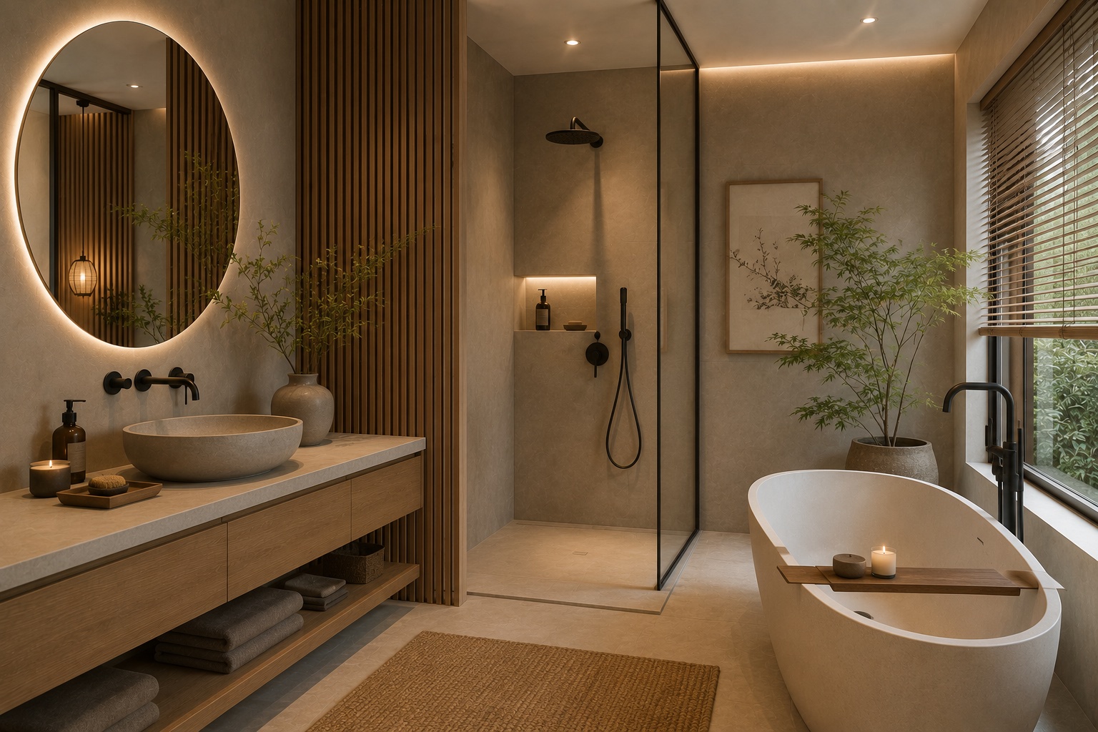 Japandi badkamer met houten lattenwand, rond verlichte spiegel, vrijstaand bad en inloopdouche