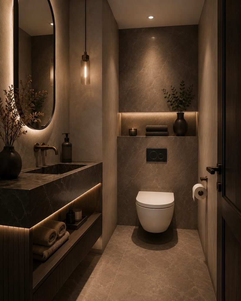 Luxe toiletruimte met hangtoilet, marmerlook tegels, verlichte nis en zwevend wastafelmeubel