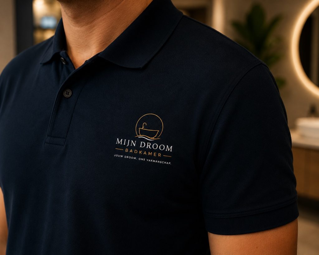 Werkkleding van Mijn Droom Badkamer met het logo en de tekst jouw droom, ons vakmanschap