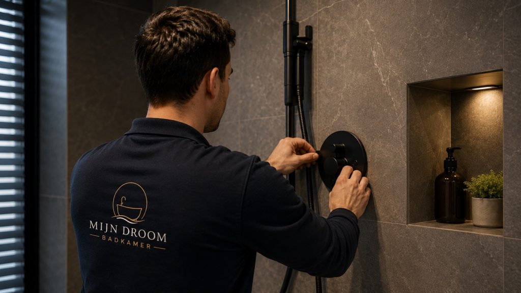 Monteur van Mijn Droom Badkamer stelt een zwarte inbouwthermostaat af in een betegelde douche