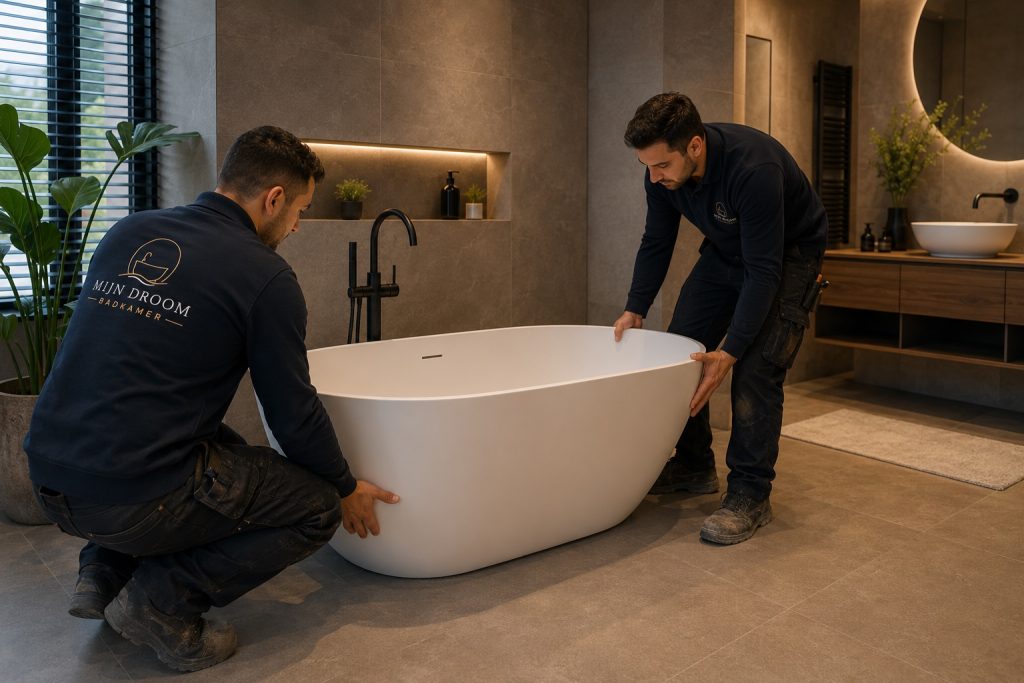 Twee monteurs van Mijn Droom Badkamer plaatsen een vrijstaand bad in een moderne badkamer