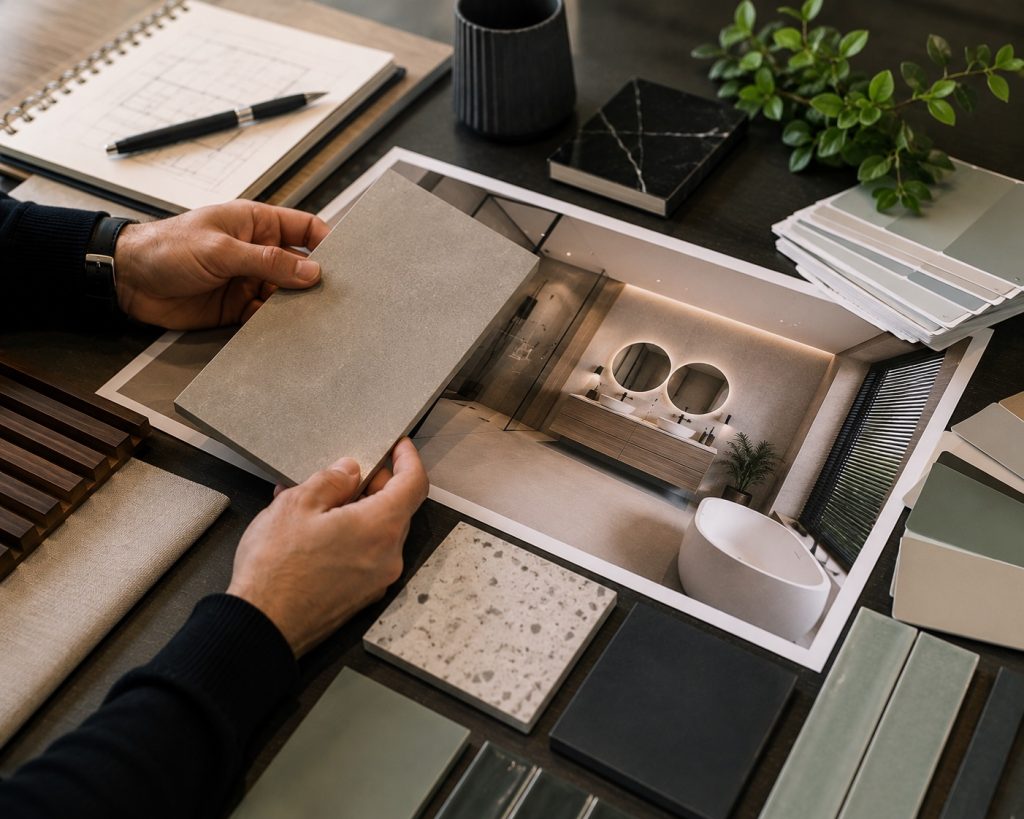 Tegelstaal wordt naast een geprint 3D badkamerontwerp gehouden op een moodboard met kleurstalen