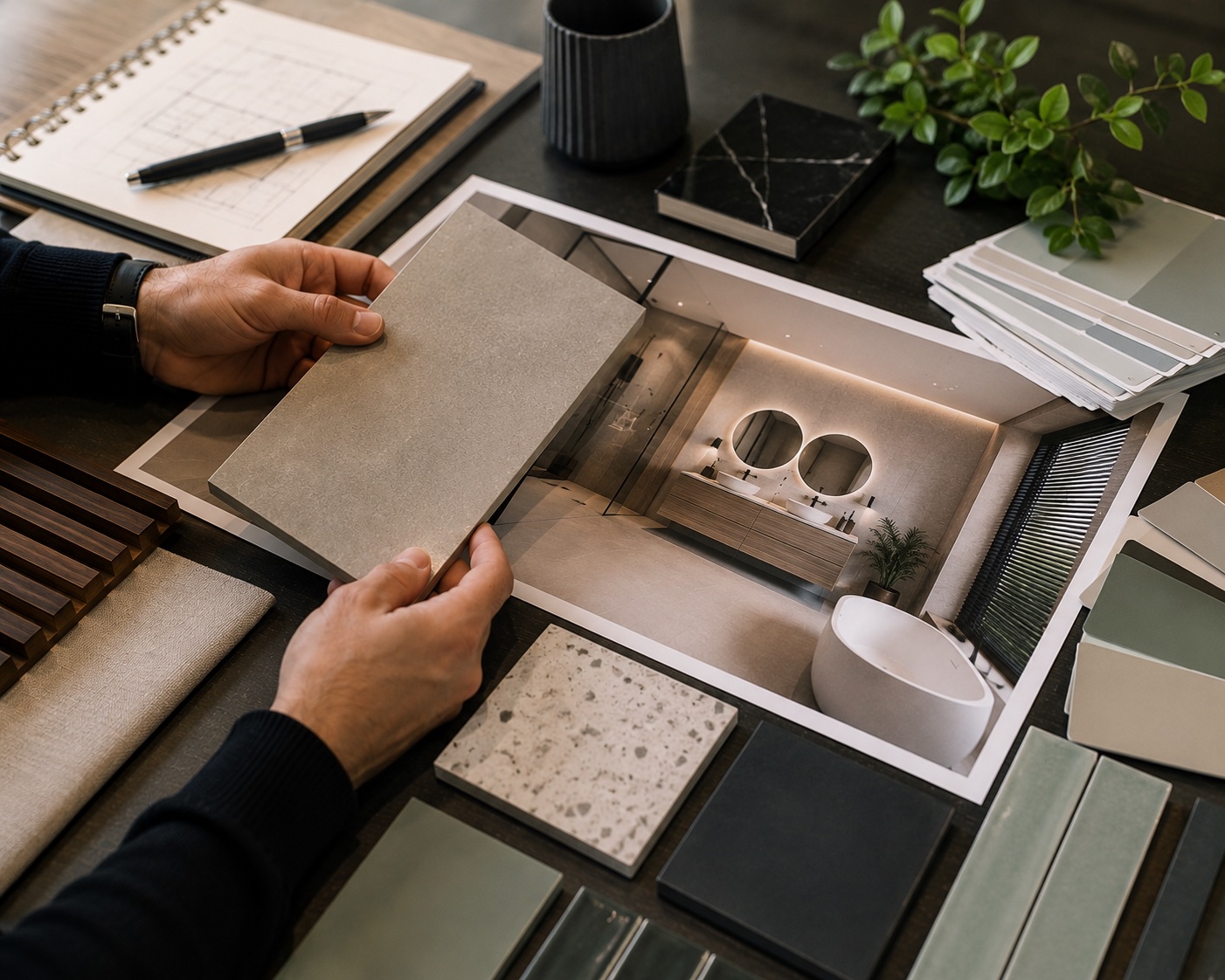 Tegelstaal wordt naast een geprint 3D badkamerontwerp gehouden op een moodboard met kleurstalen