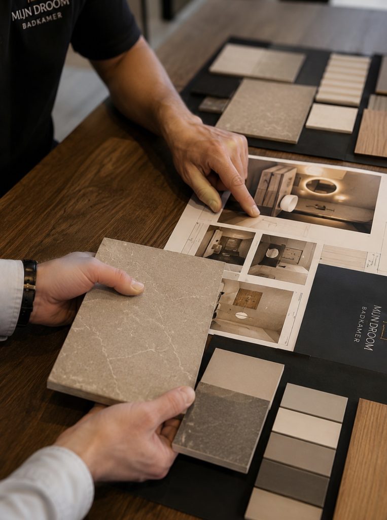 Moodboard met tegelstalen, houtstalen en de plattegrond van een badkamer op tafel